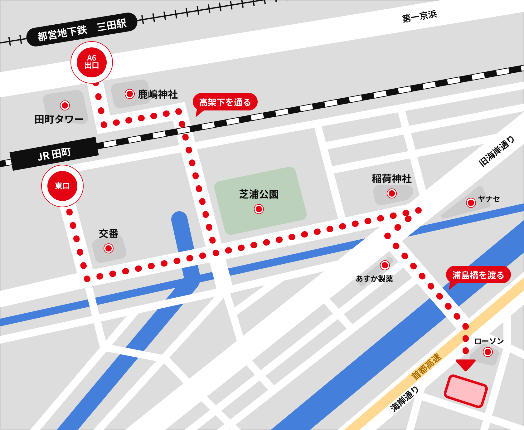 JR／田町駅、都営地下鉄／三田駅からのルート