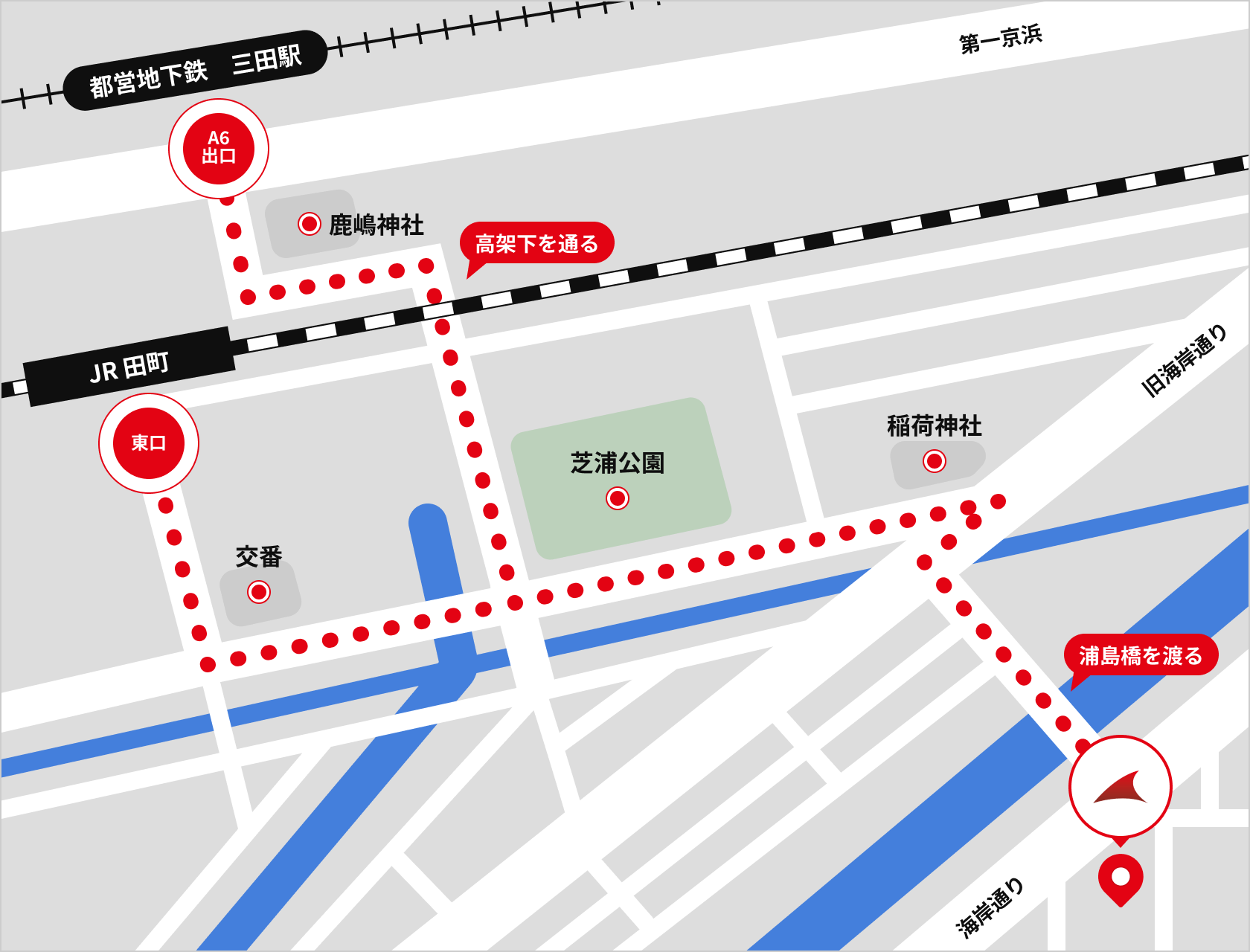 JR／田町駅、都営地下鉄／三田駅からのルート